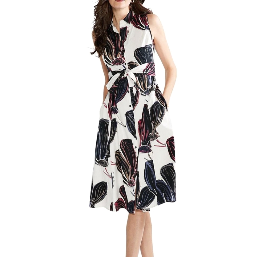 NIC + ZOE Floral Sleeveless Belted Shirt Dress, White / Black Multi